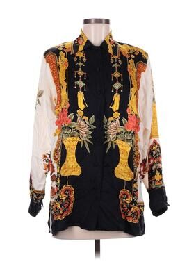 VTG Carnation Black Gold Grecian Print Skin Button Down Blouse M